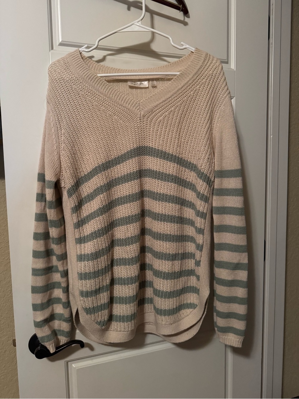 RD Style Cream and Sage Striped V-Neck Sweater